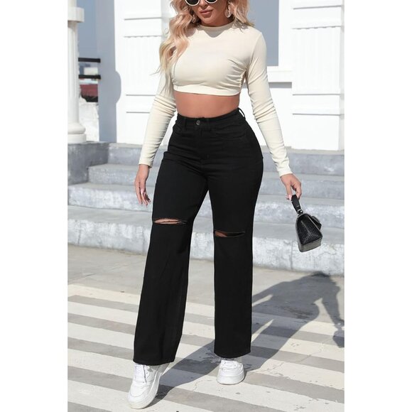 Women’s High Waist Ripped Wide Leg Denim Jeans Boyfriend Style Casual - Picture 4 of 6